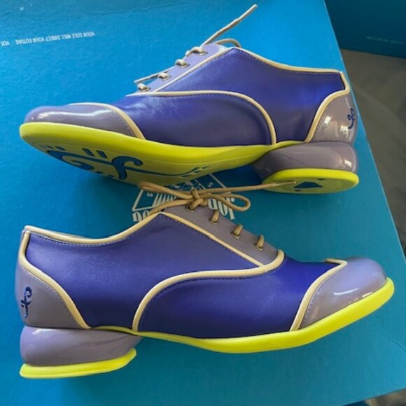 LAST Fluevog Martha Fellowship Lace Up Purple Neon Green 7.5 7 Leather Retro - Picture 7 of 15